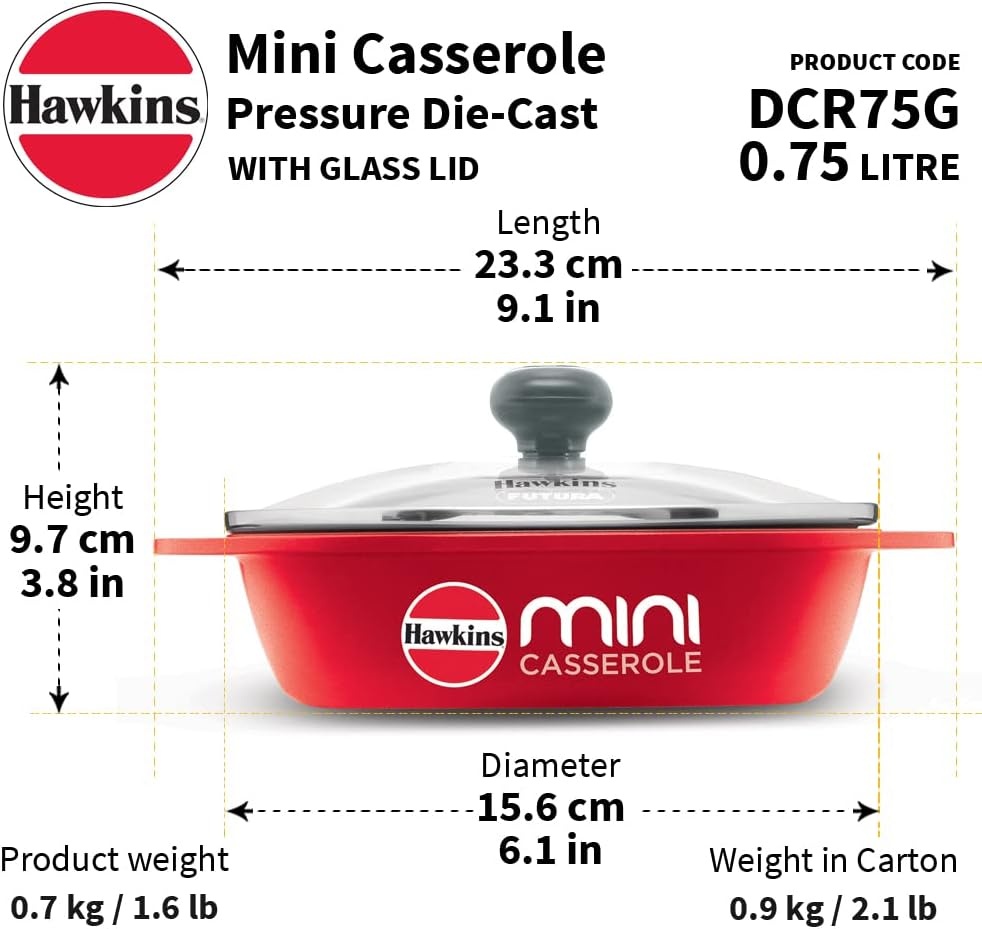 image:imageHawkins 075 Litre Mini Casserole with Glass Lid Oval Shaped DieCast pan for Cooking Reheating Serving and Storing Red DCR75G