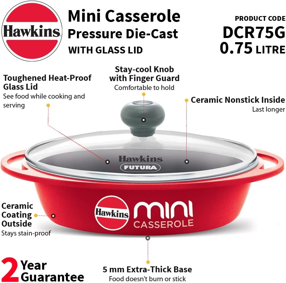 image:imageHawkins 075 Litre Mini Casserole with Glass Lid Oval Shaped DieCast pan for Cooking Reheating Serving and Storing Red DCR75G