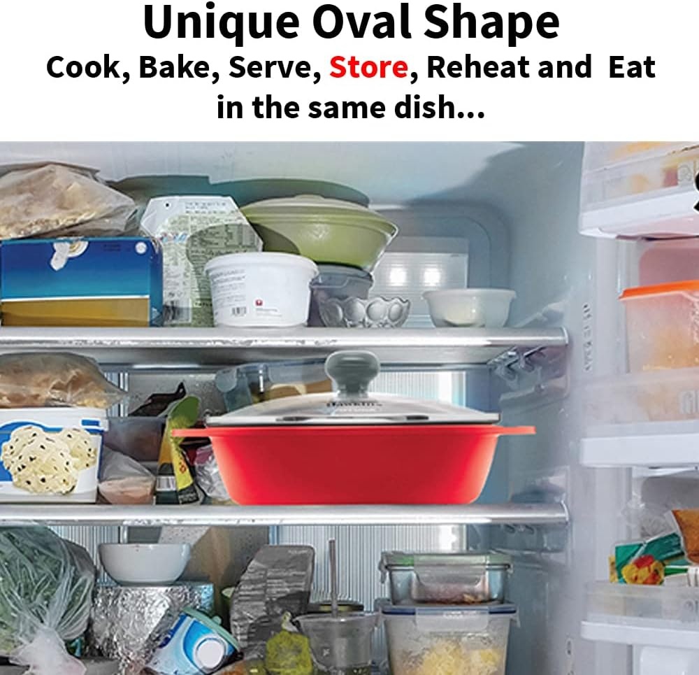 image:imageHawkins 075 Litre Mini Casserole with Glass Lid Oval Shaped DieCast pan for Cooking Reheating Serving and Storing Red DCR75G