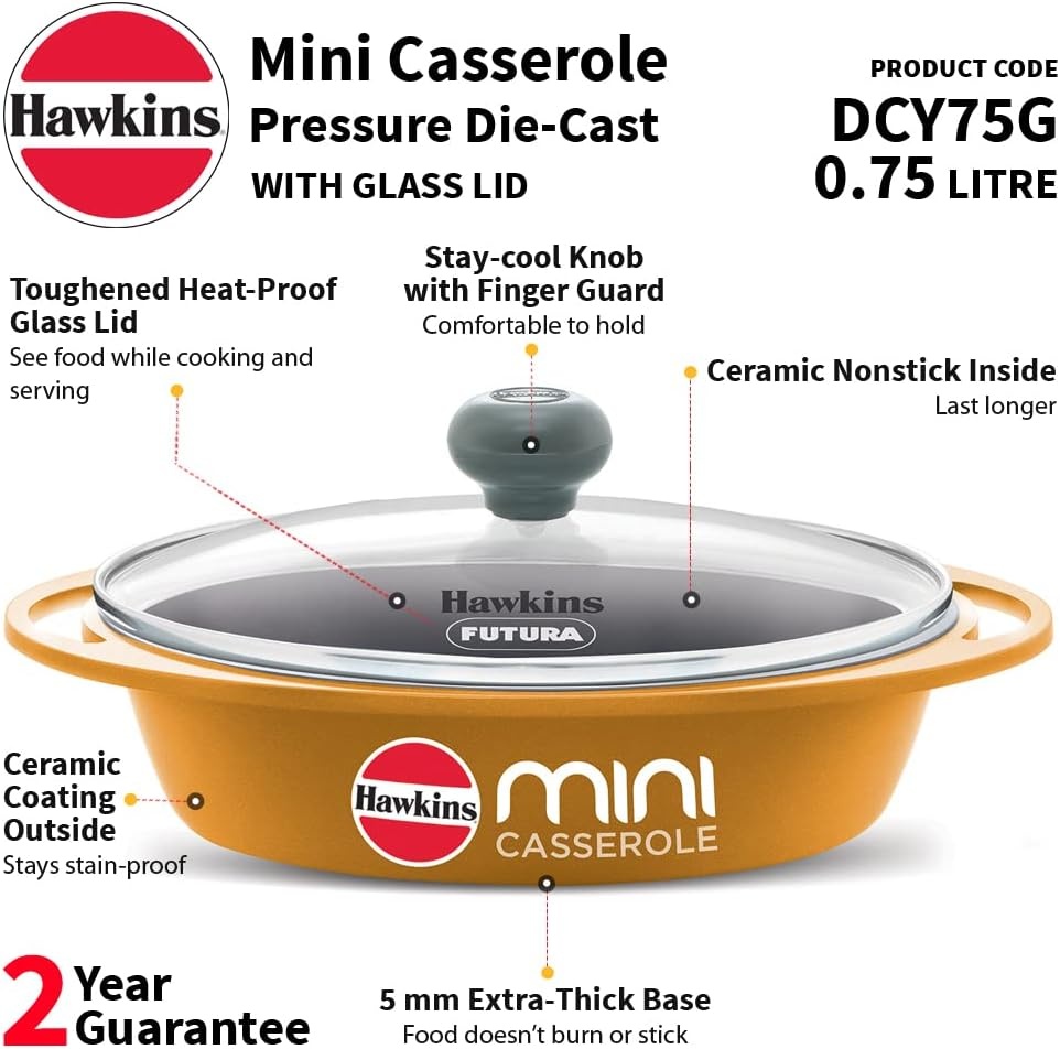 image:imageHawkins 075 Litre Mini Casserole with Glass Lid Oval Shaped DieCast pan for Cooking Reheating Serving and Storing Yellow DCY75G