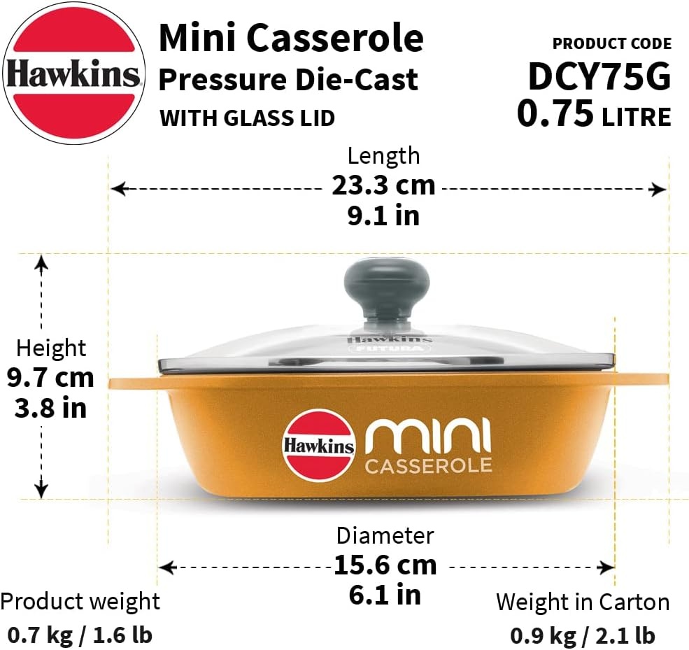 image:imageHawkins 075 Litre Mini Casserole with Glass Lid Oval Shaped DieCast pan for Cooking Reheating Serving and Storing Yellow DCY75G