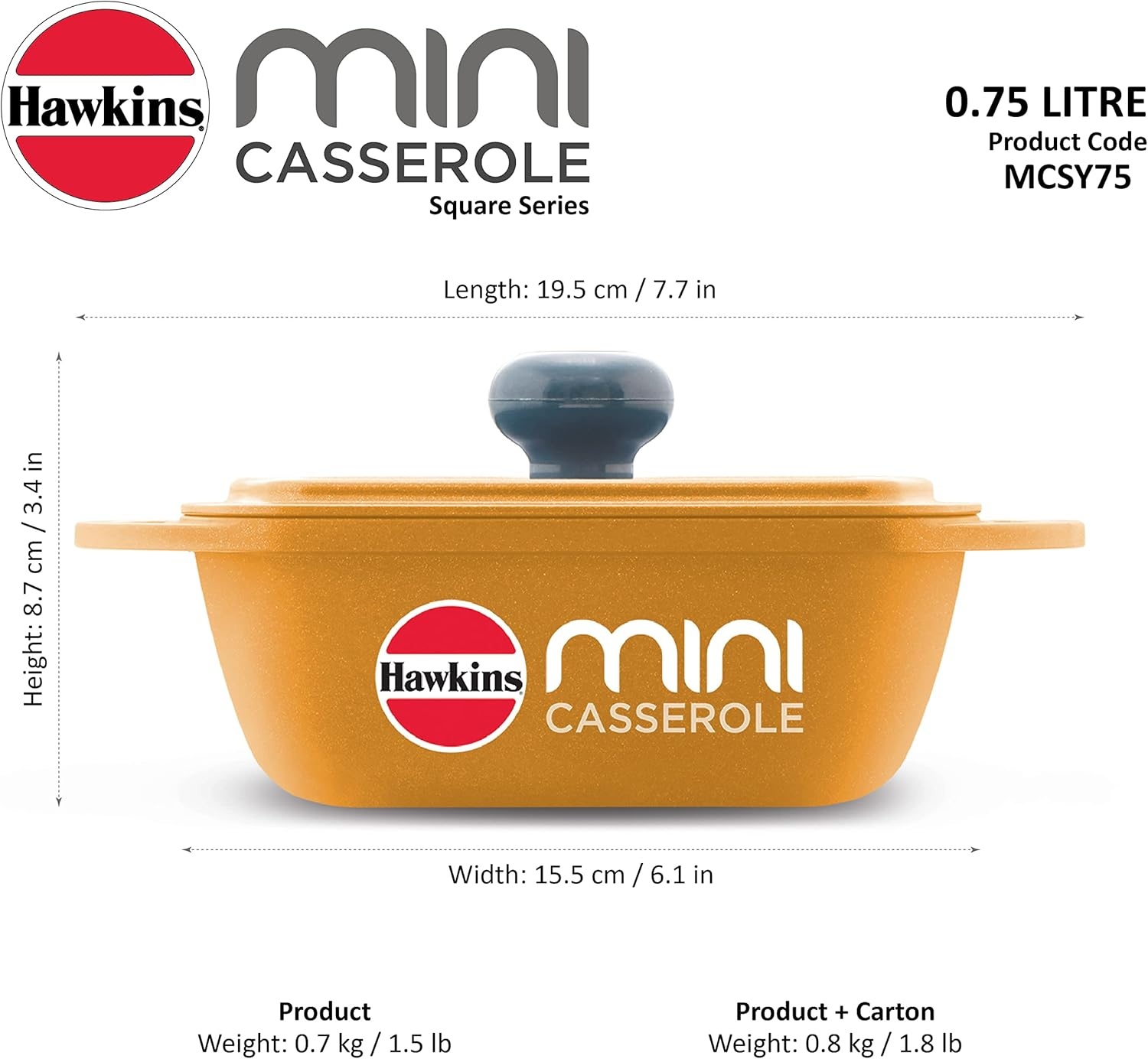 image:imageHawkins 075 Litre Mini Casserole with Lid Square Series DieCast pan for Cooking Reheating Serving and Storing Yellow MCSY75