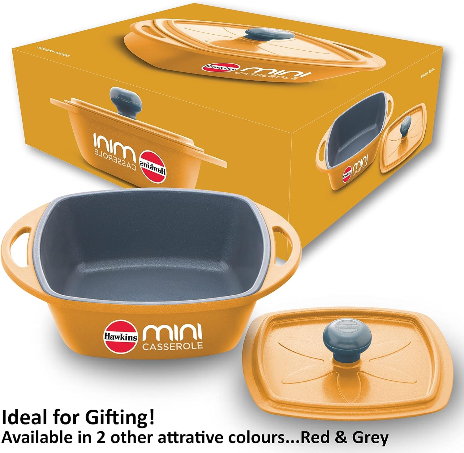 image:imageHawkins 075 Litre Mini Casserole with Lid Square Series DieCast pan for Cooking Reheating Serving and Storing Yellow MCSY75