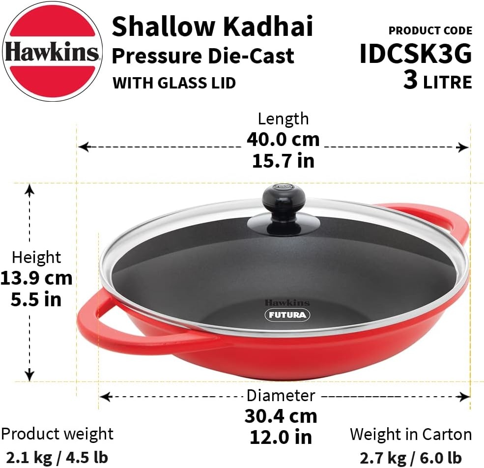 image:imageHawkins 3 Litre Shallow Kadhai Die Cast Non Stick Frying Pan with Glass Lid Ceramic Coated Pan Induction Shallow Frying Pan Frying Pan Red IDCSK3G