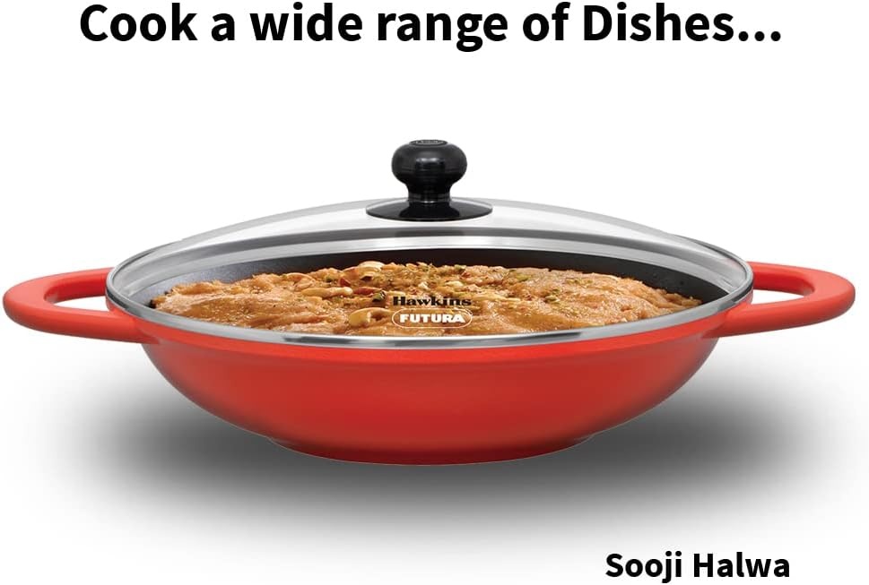 image:imageHawkins 3 Litre Shallow Kadhai Die Cast Non Stick Frying Pan with Glass Lid Ceramic Coated Pan Induction Shallow Frying Pan Frying Pan Red IDCSK3G