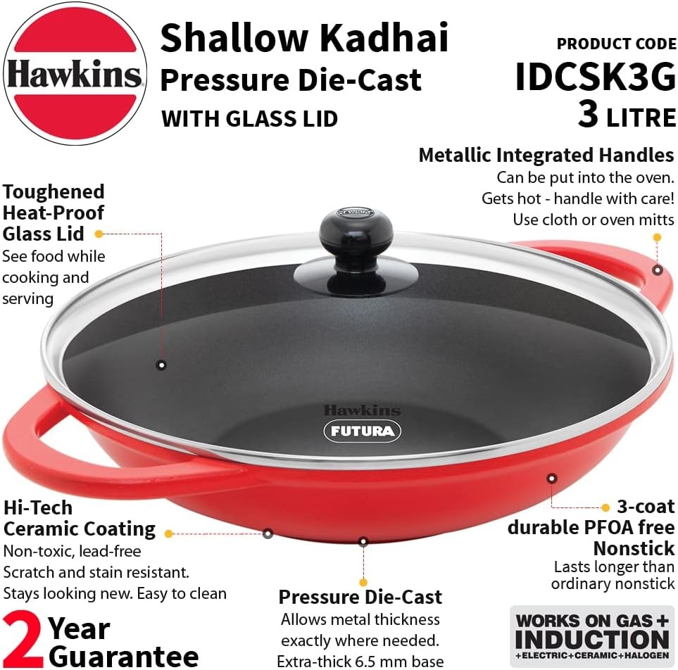 image:imageHawkins 3 Litre Shallow Kadhai Die Cast Non Stick Frying Pan with Glass Lid Ceramic Coated Pan Induction Shallow Frying Pan Frying Pan Red IDCSK3G