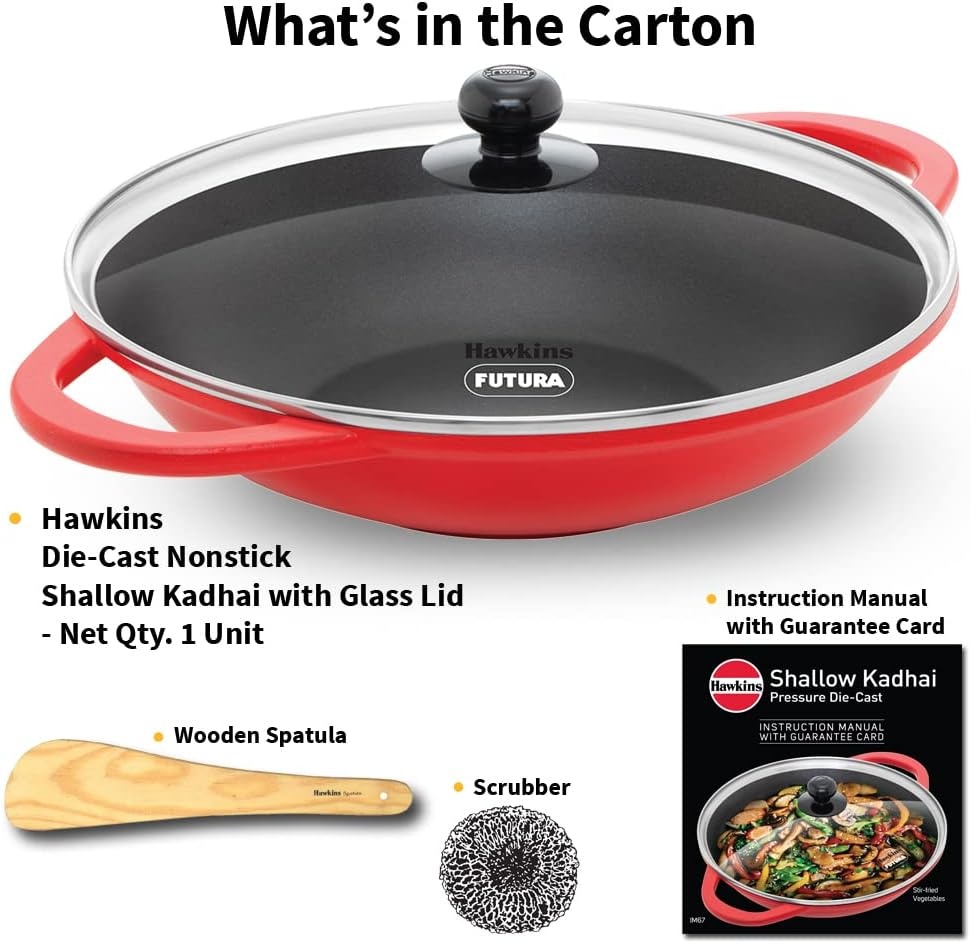 image:imageHawkins 3 Litre Shallow Kadhai Die Cast Non Stick Frying Pan with Glass Lid Ceramic Coated Pan Induction Shallow Frying Pan Frying Pan Red IDCSK3G