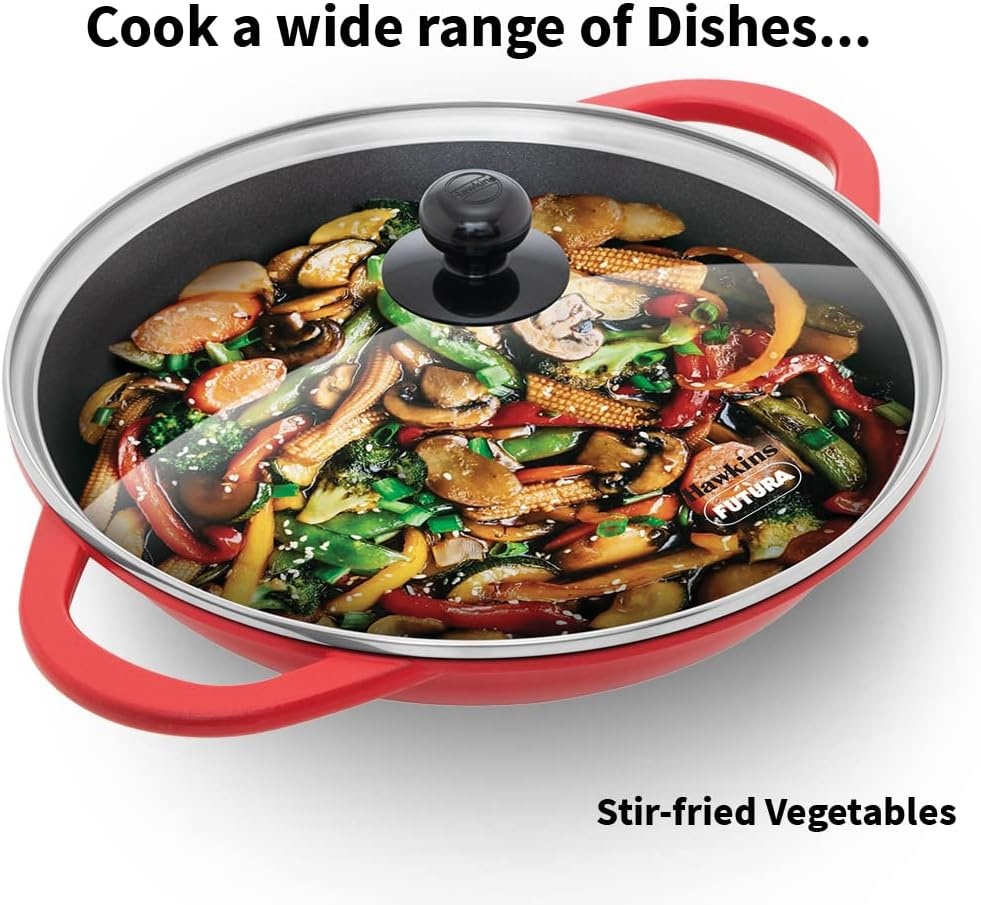 image:imageHawkins 3 Litre Shallow Kadhai Die Cast Non Stick Frying Pan with Glass Lid Ceramic Coated Pan Induction Shallow Frying Pan Frying Pan Red IDCSK3G