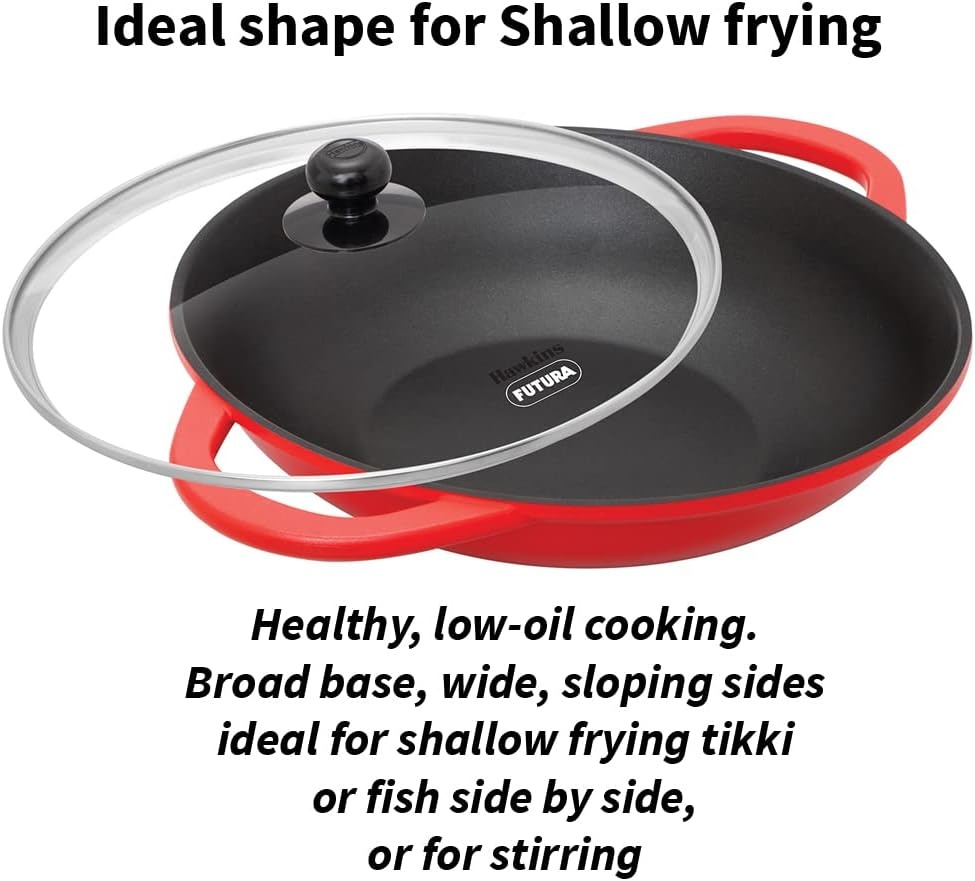 image:imageHawkins 3 Litre Shallow Kadhai Die Cast Non Stick Frying Pan with Glass Lid Ceramic Coated Pan Induction Shallow Frying Pan Frying Pan Red IDCSK3G