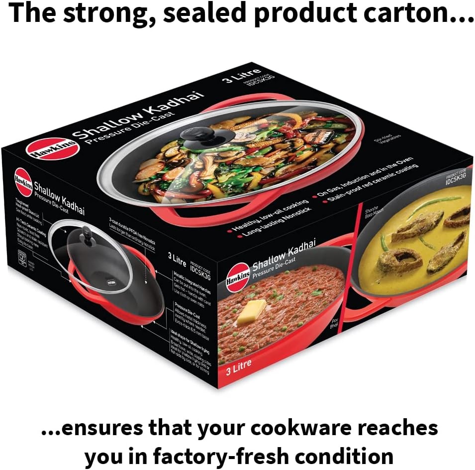 image:imageHawkins 3 Litre Shallow Kadhai Die Cast Non Stick Frying Pan with Glass Lid Ceramic Coated Pan Induction Shallow Frying Pan Frying Pan Red IDCSK3G