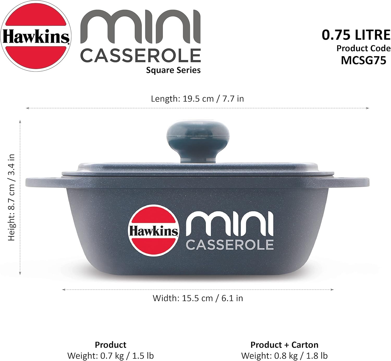 image:imageHawkins Aluminium 075 liter Mini Casserole With Lid Square Series DieCast Pan For Cooking Reheating Serving And Storing Grey Mcsg75