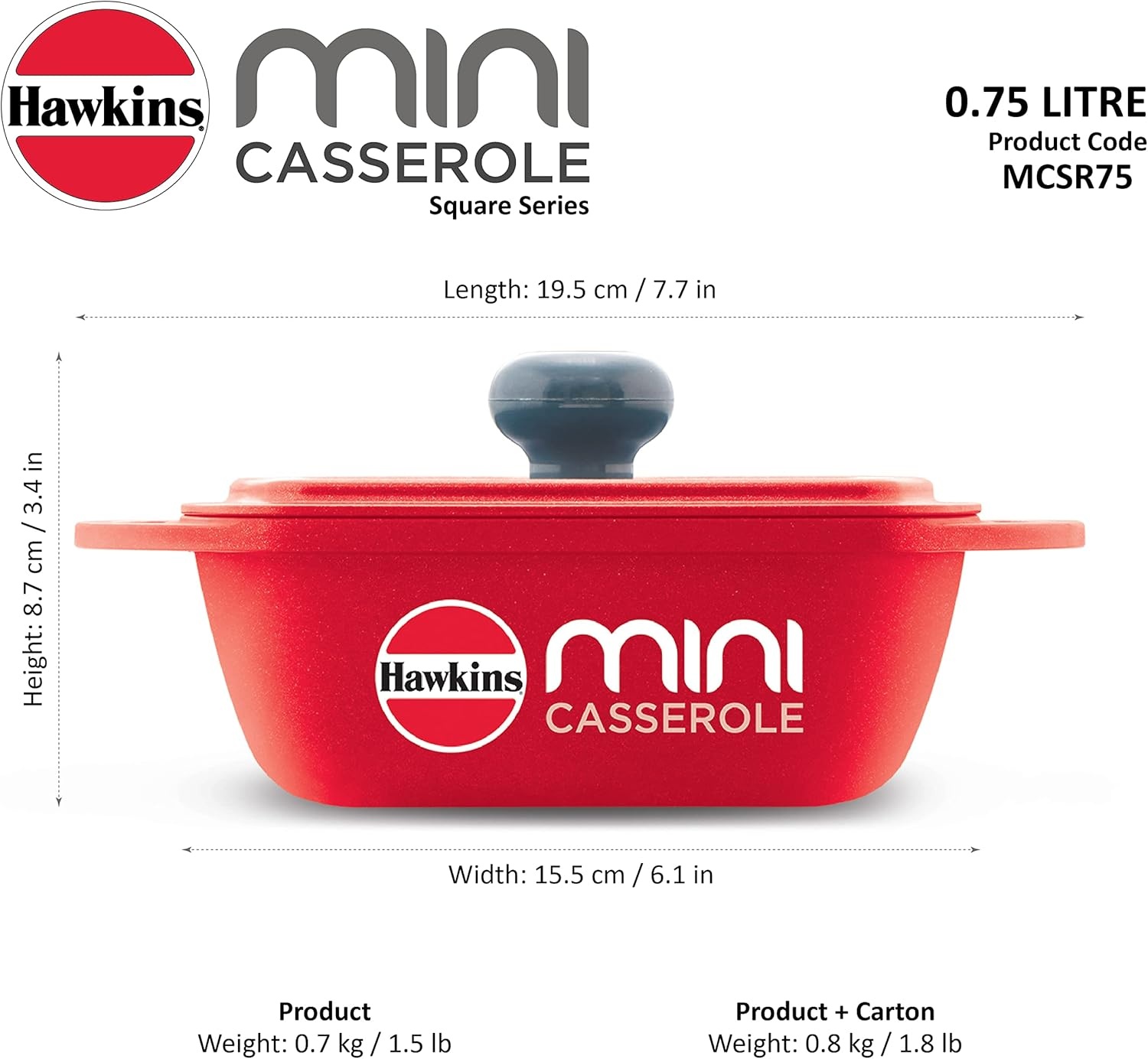 image:imageHawkins Aluminium 075 liter Mini Casserole With Lid Square Series DieCast Pan For Cooking Reheating Serving And Storing Red Mcsr75