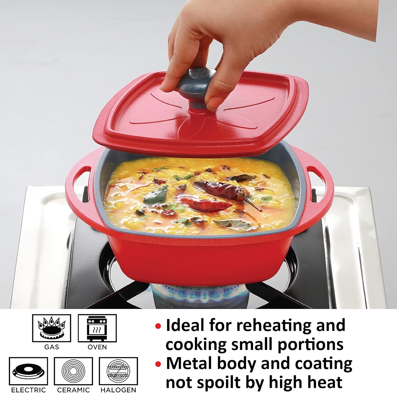 image:imageHawkins Aluminium 075 liter Mini Casserole With Lid Square Series DieCast Pan For Cooking Reheating Serving And Storing Red Mcsr75