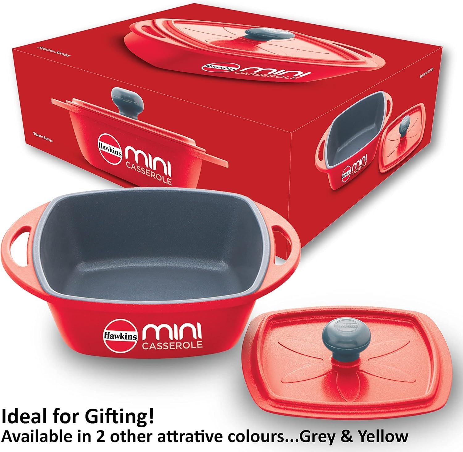 image:imageHawkins Aluminium 075 liter Mini Casserole With Lid Square Series DieCast Pan For Cooking Reheating Serving And Storing Red Mcsr75