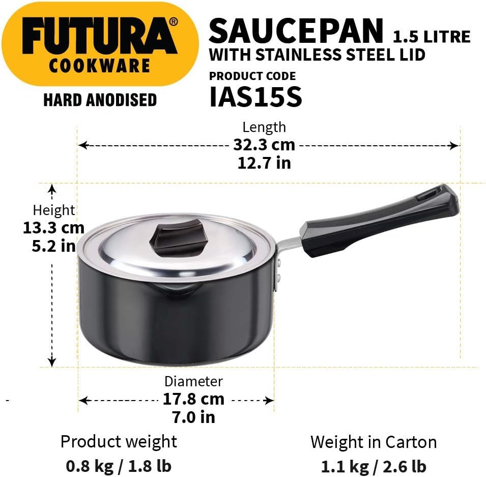image:imageHawkins Futura 15 Litre Saucepan Hard Anodised Sauce Pan with Stainless Steel Lid Induction Saucepan Small Sauce Pan Black IAS15S