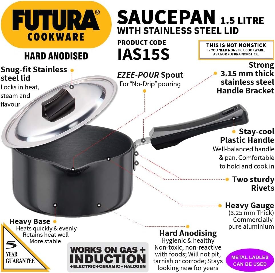 image:imageHawkins Futura 15 Litre Saucepan Hard Anodised Sauce Pan with Stainless Steel Lid Induction Saucepan Small Sauce Pan Black IAS15S
