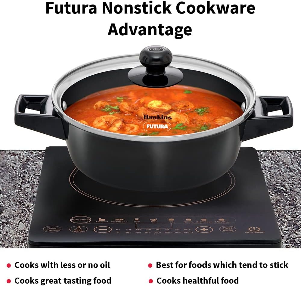 image:imageHawkins Futura 2 Litre Cook N Serve Casserole Non Stick Saucepan with Glass Lid Induction Sauce Pan for Cooking and Serving Black Incb20G 2 Liter