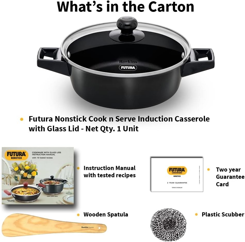 image:imageHawkins Futura 2 Litre Cook N Serve Casserole Non Stick Saucepan with Glass Lid Induction Sauce Pan for Cooking and Serving Black Incb20G 2 Liter