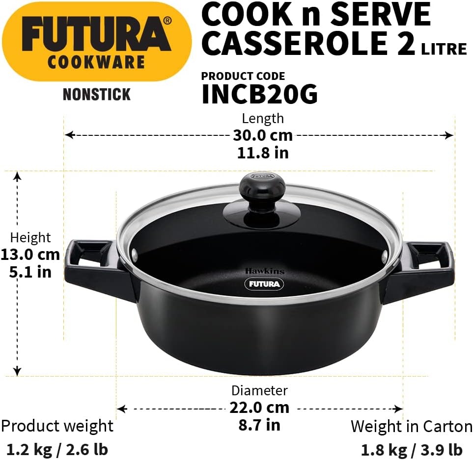 image:imageHawkins Futura 2 Litre Cook N Serve Casserole Non Stick Saucepan with Glass Lid Induction Sauce Pan for Cooking and Serving Black Incb20G 2 Liter