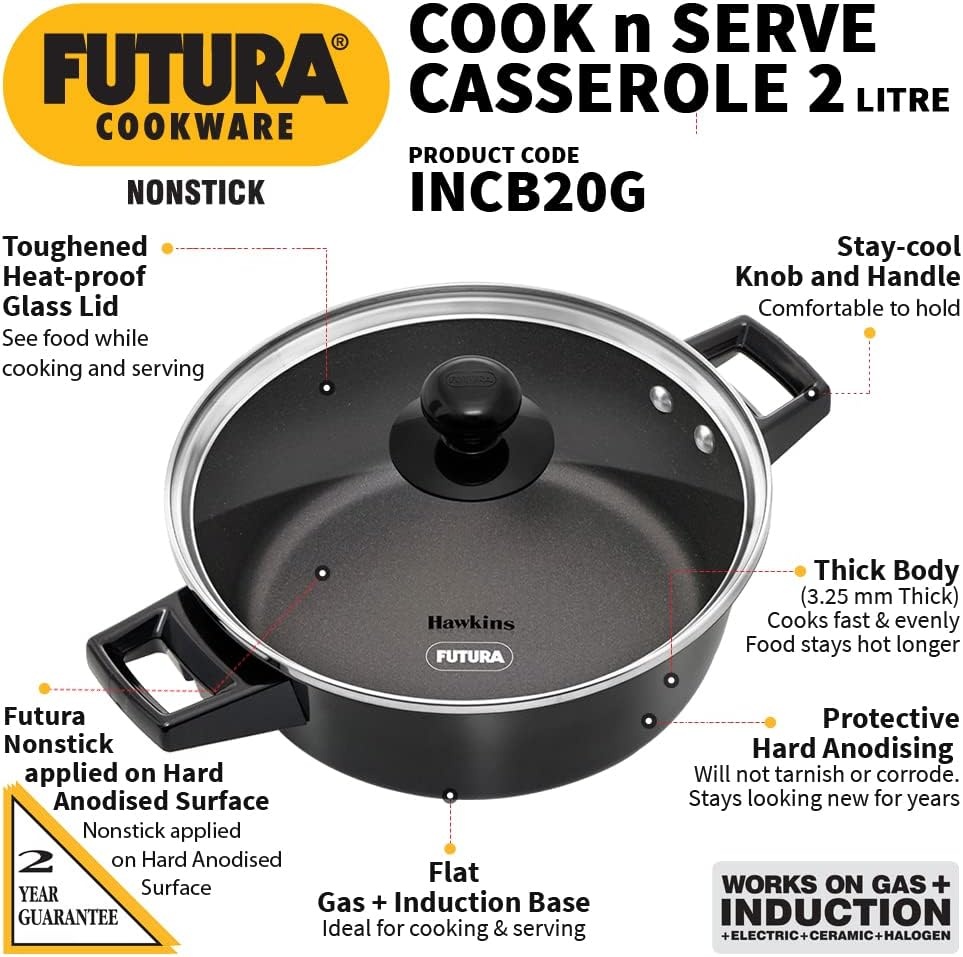 image:imageHawkins Futura 2 Litre Cook N Serve Casserole Non Stick Saucepan with Glass Lid Induction Sauce Pan for Cooking and Serving Black Incb20G 2 Liter