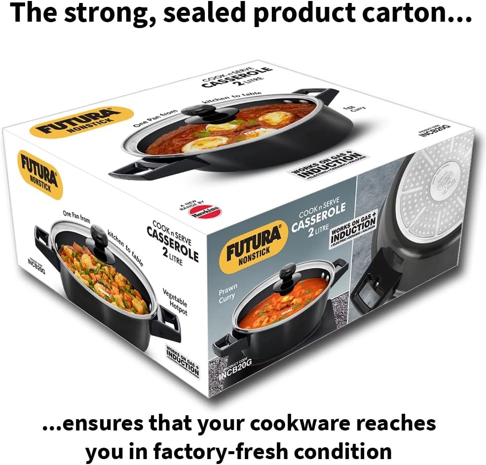 image:imageHawkins Futura 2 Litre Cook N Serve Casserole Non Stick Saucepan with Glass Lid Induction Sauce Pan for Cooking and Serving Black Incb20G 2 Liter