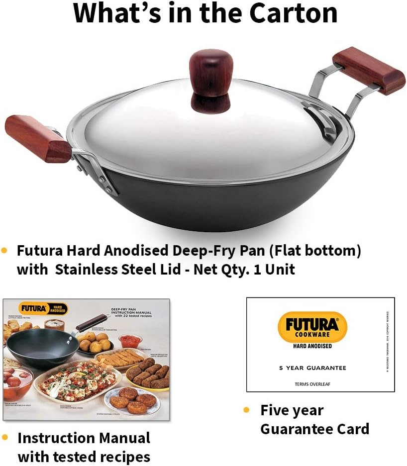 image:imageHawkins Futura 25 Litre Deep Fry Pan Hard Anodised Kadai with Stainless Steel Lid Flat Bottom Kadhai Black AD25S