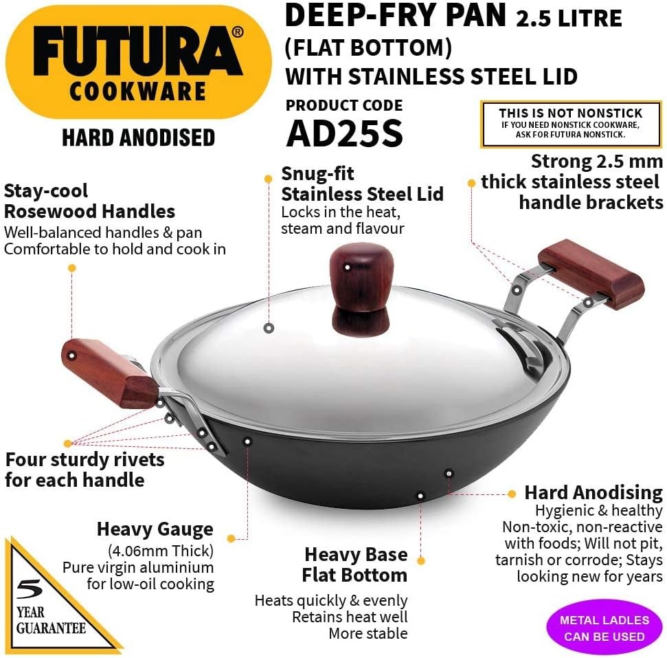 image:imageHawkins Futura 25 Litre Deep Fry Pan Hard Anodised Kadai with Stainless Steel Lid Flat Bottom Kadhai Black AD25S