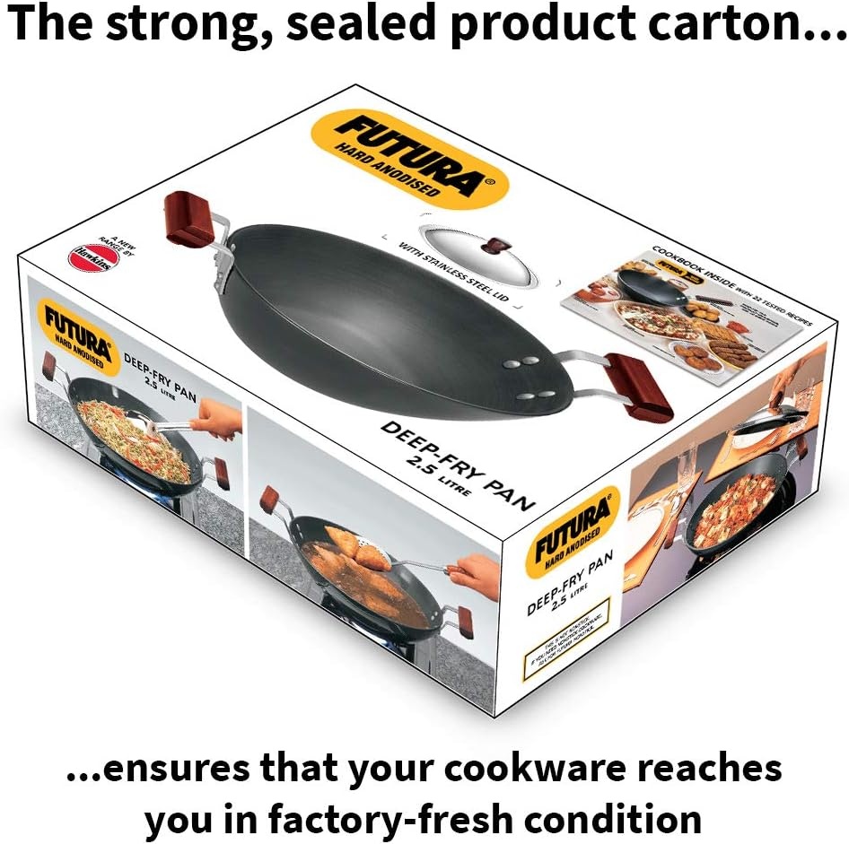 image:imageHawkins Futura 25 Litre Deep Fry Pan Hard Anodised Kadai with Stainless Steel Lid Flat Bottom Kadhai Black AD25S
