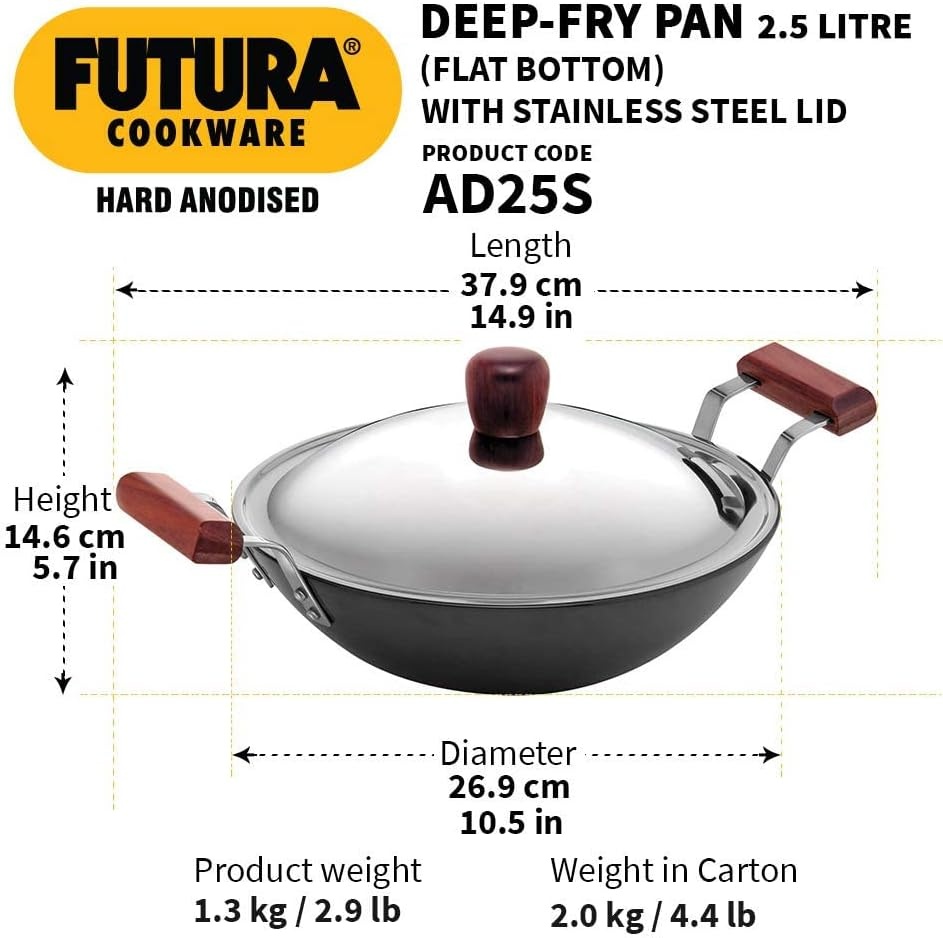 image:imageHawkins Futura 25 Litre Deep Fry Pan Hard Anodised Kadai with Stainless Steel Lid Flat Bottom Kadhai Black AD25S