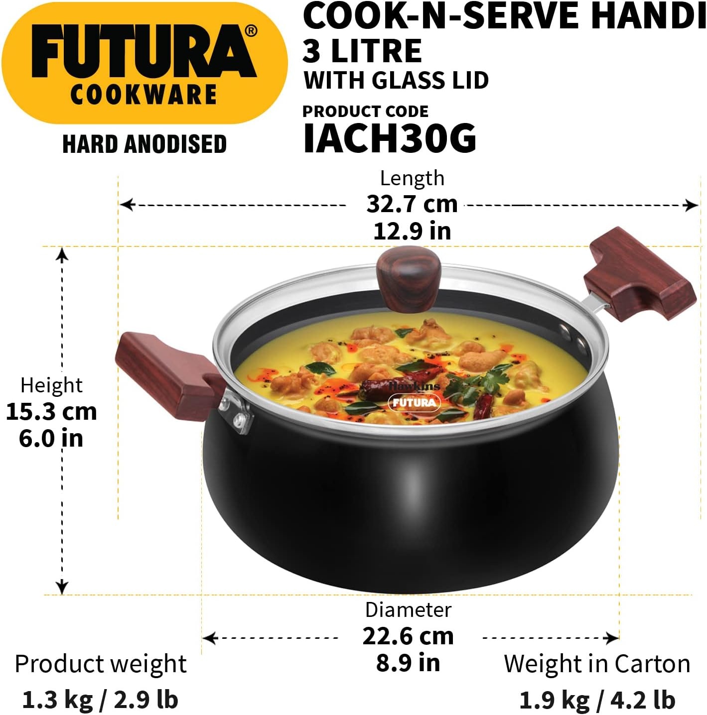 image:imageHawkins Futura 3 Litre Cook N Serve Handi Hard Anodised Biryani Handi with Glass Lid Induction Saucepan Sauce Pan Black Iach30GPolished 3 Liter