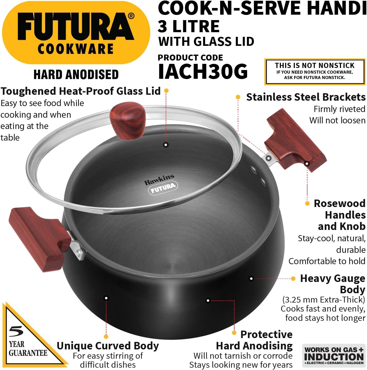 image:imageHawkins Futura 3 Litre Cook N Serve Handi Hard Anodised Biryani Handi with Glass Lid Induction Saucepan Sauce Pan Black Iach30GPolished 3 Liter
