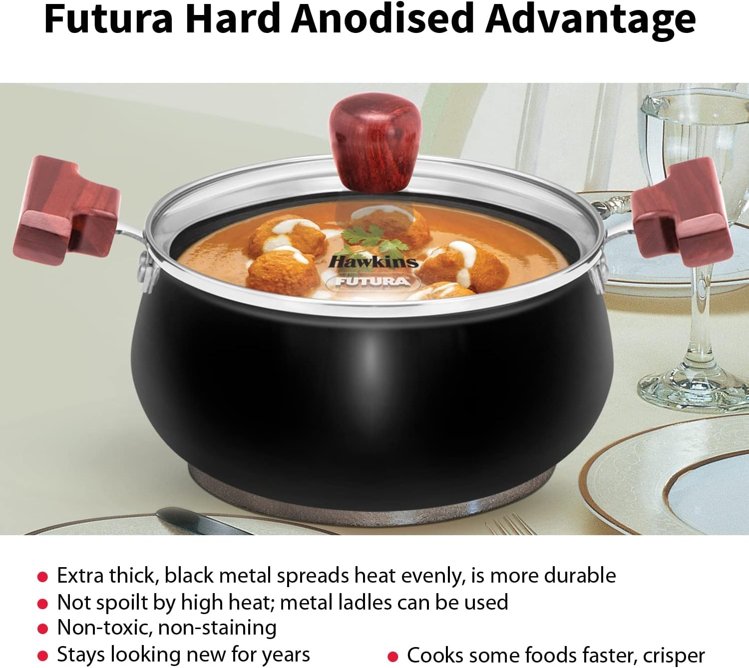 image:imageHawkins Futura 3 Litre Cook N Serve Handi Hard Anodised Biryani Handi with Glass Lid Induction Saucepan Sauce Pan Black Iach30GPolished 3 Liter