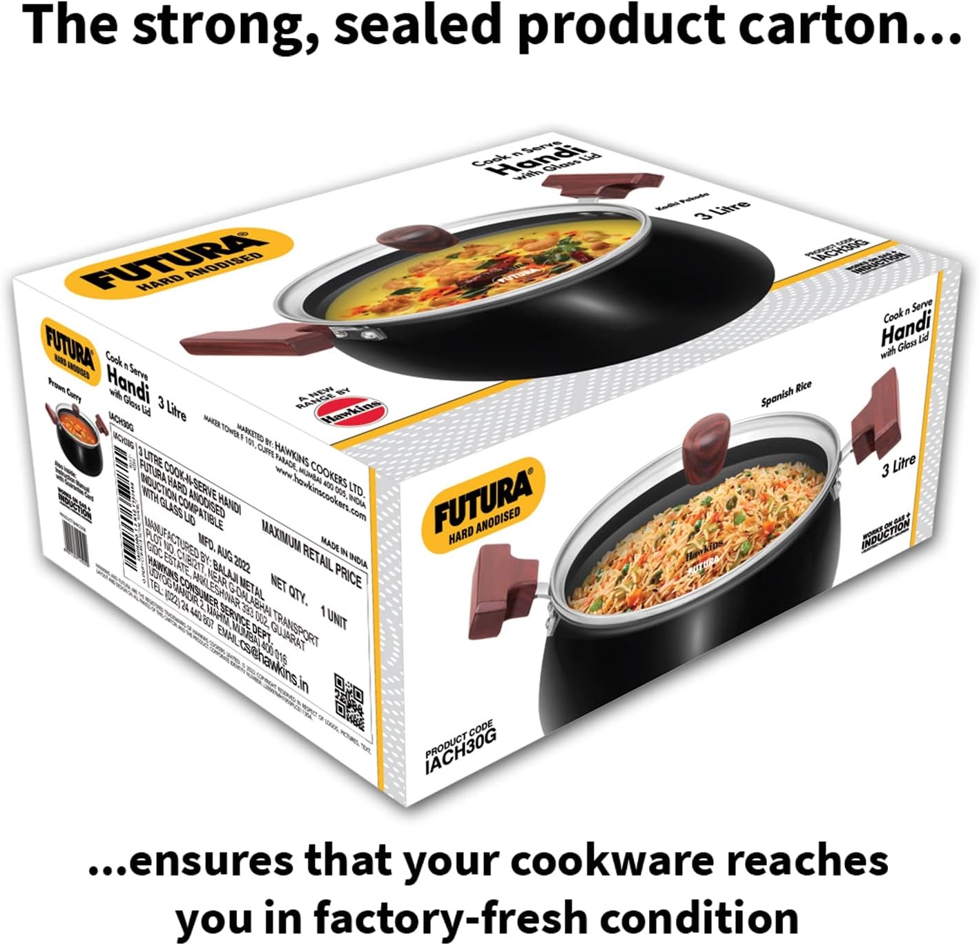 image:imageHawkins Futura 3 Litre Cook N Serve Handi Hard Anodised Biryani Handi with Glass Lid Induction Saucepan Sauce Pan Black Iach30GPolished 3 Liter