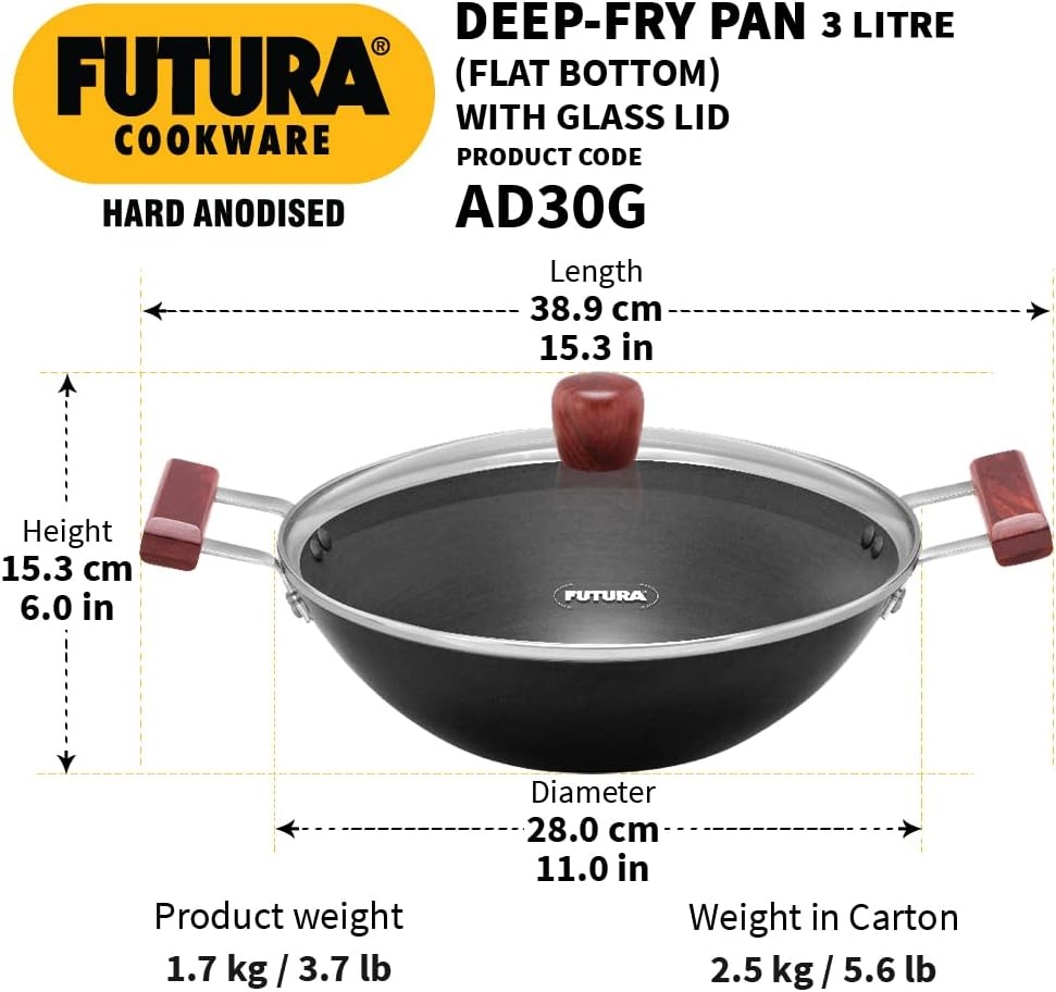 image:imageHawkins Futura 3 Litre Deep Fry Pan Hard Anodised Kadai with Glass Lid Flat Bottom Kadhai Black AD30G