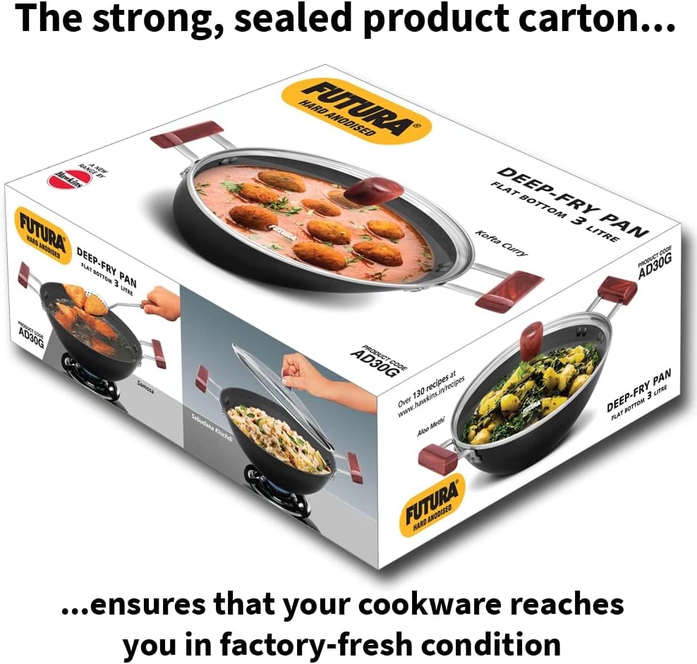 image:imageHawkins Futura 3 Litre Deep Fry Pan Hard Anodised Kadai with Glass Lid Flat Bottom Kadhai Black AD30G