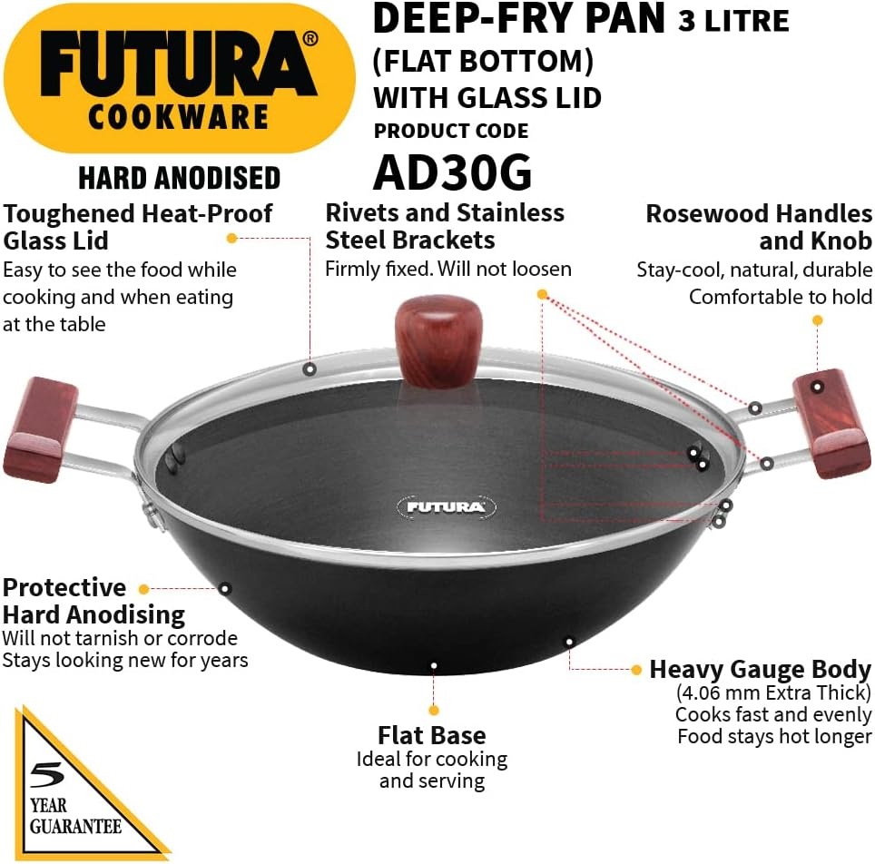 image:imageHawkins Futura 3 Litre Deep Fry Pan Hard Anodised Kadai with Glass Lid Flat Bottom Kadhai Black AD30G