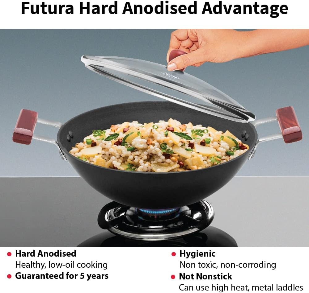 image:imageHawkins Futura 3 Litre Deep Fry Pan Hard Anodised Kadai with Glass Lid Flat Bottom Kadhai Black AD30G