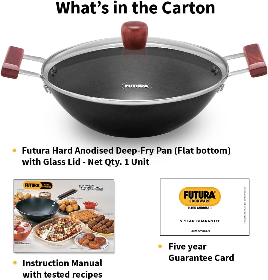 image:imageHawkins Futura 3 Litre Deep Fry Pan Hard Anodised Kadai with Glass Lid Flat Bottom Kadhai Black AD30G