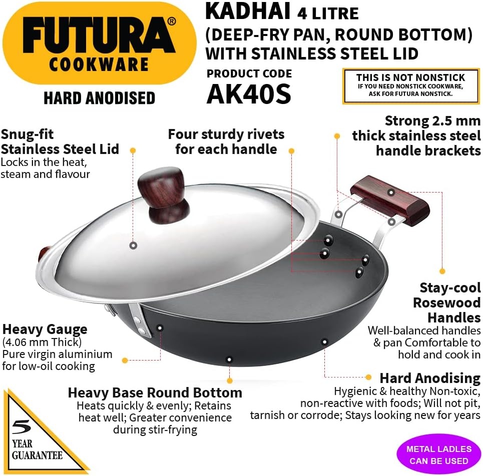image:imageHawkins Futura 4 Litre Deep Fry Pan Hard Anodised Kadai with Stainless Steel Lid Round Bottom Kadhai Big Kadai Black AK40S
