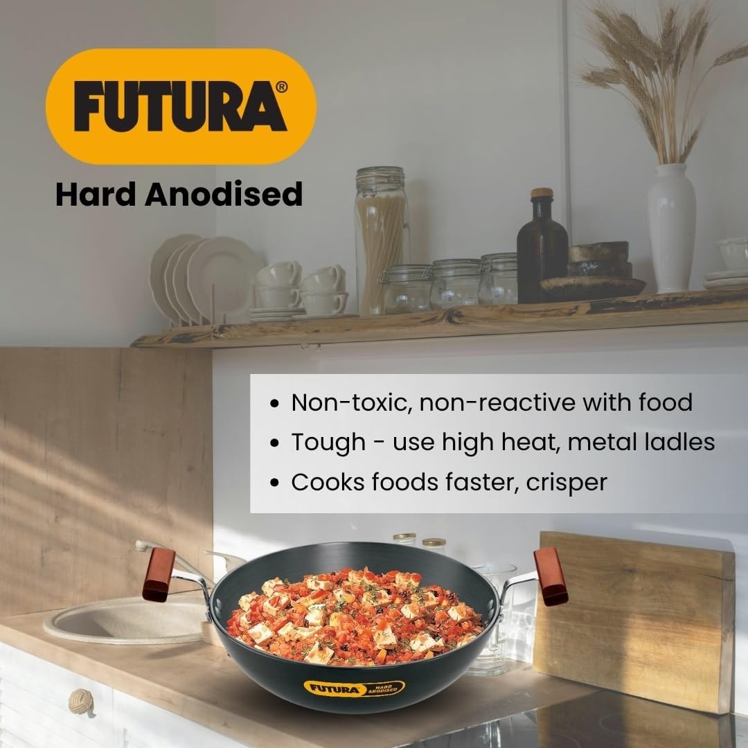 image:imageHawkins Futura 4 Litre Deep Fry Pan Hard Anodised Kadai with Stainless Steel Lid Round Bottom Kadhai Big Kadai Black AK40S