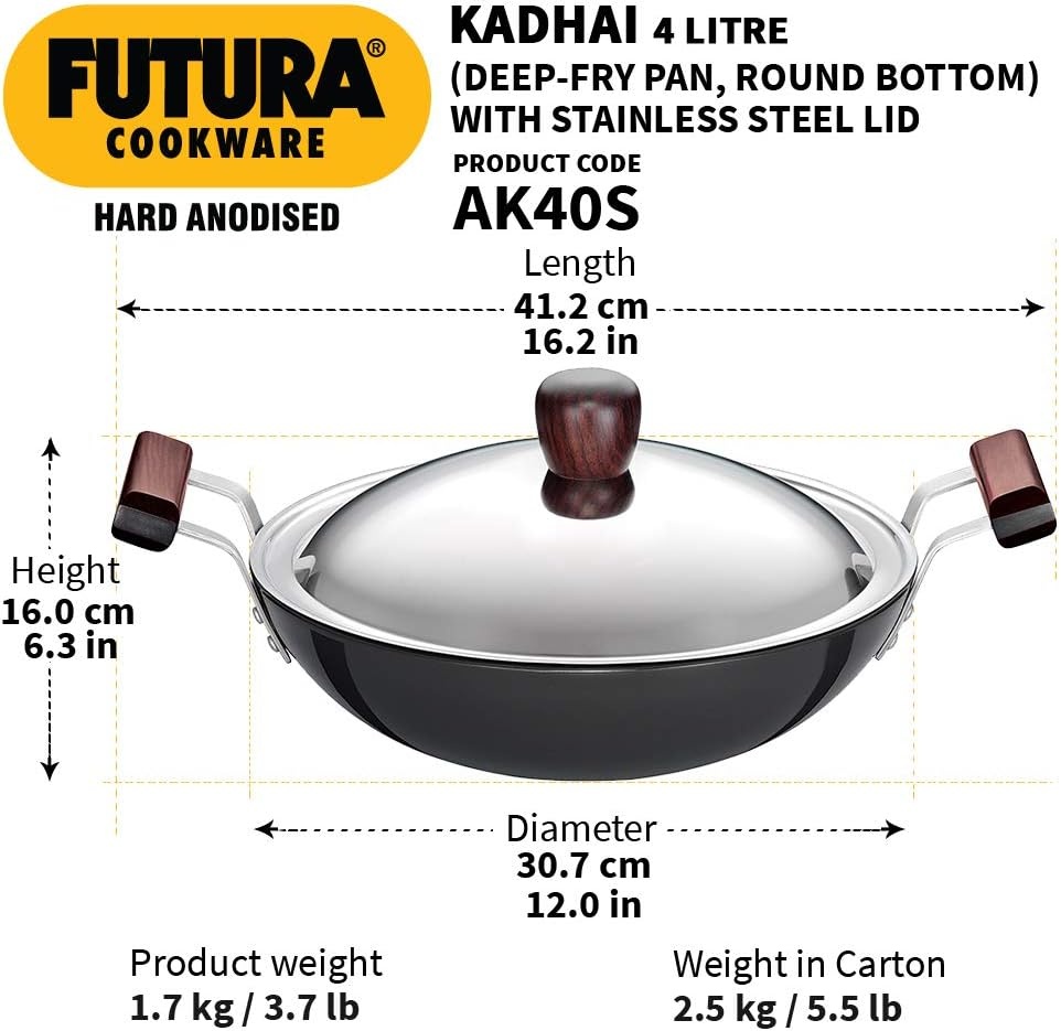image:imageHawkins Futura 4 Litre Deep Fry Pan Hard Anodised Kadai with Stainless Steel Lid Round Bottom Kadhai Big Kadai Black AK40S