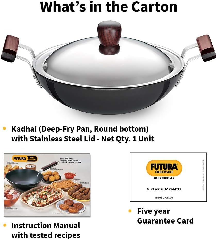 image:imageHawkins Futura 4 Litre Deep Fry Pan Hard Anodised Kadai with Stainless Steel Lid Round Bottom Kadhai Big Kadai Black AK40S