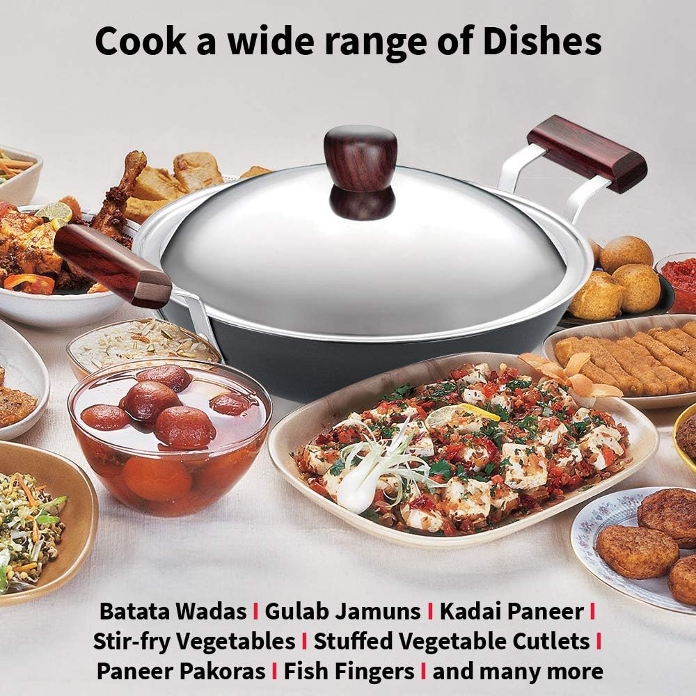 image:imageHawkins Futura 4 Litre Deep Fry Pan Hard Anodised Kadai with Stainless Steel Lid Round Bottom Kadhai Big Kadai Black AK40S