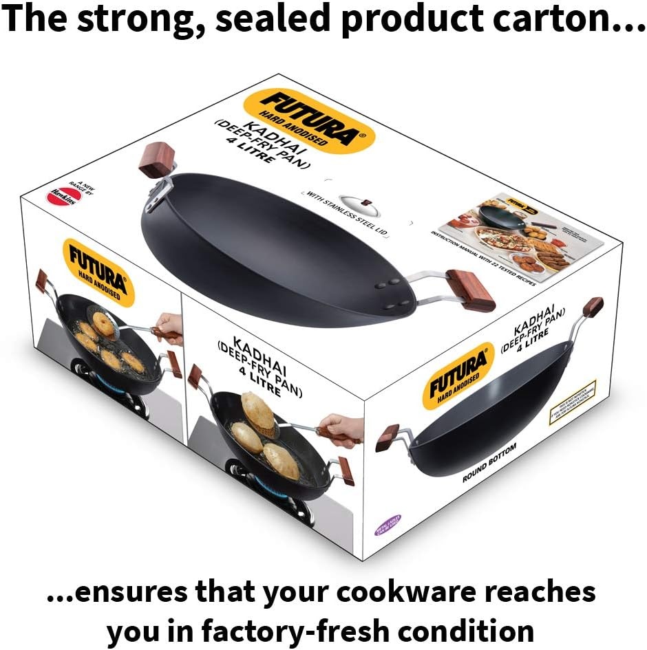 image:imageHawkins Futura 4 Litre Deep Fry Pan Hard Anodised Kadai with Stainless Steel Lid Round Bottom Kadhai Big Kadai Black AK40S