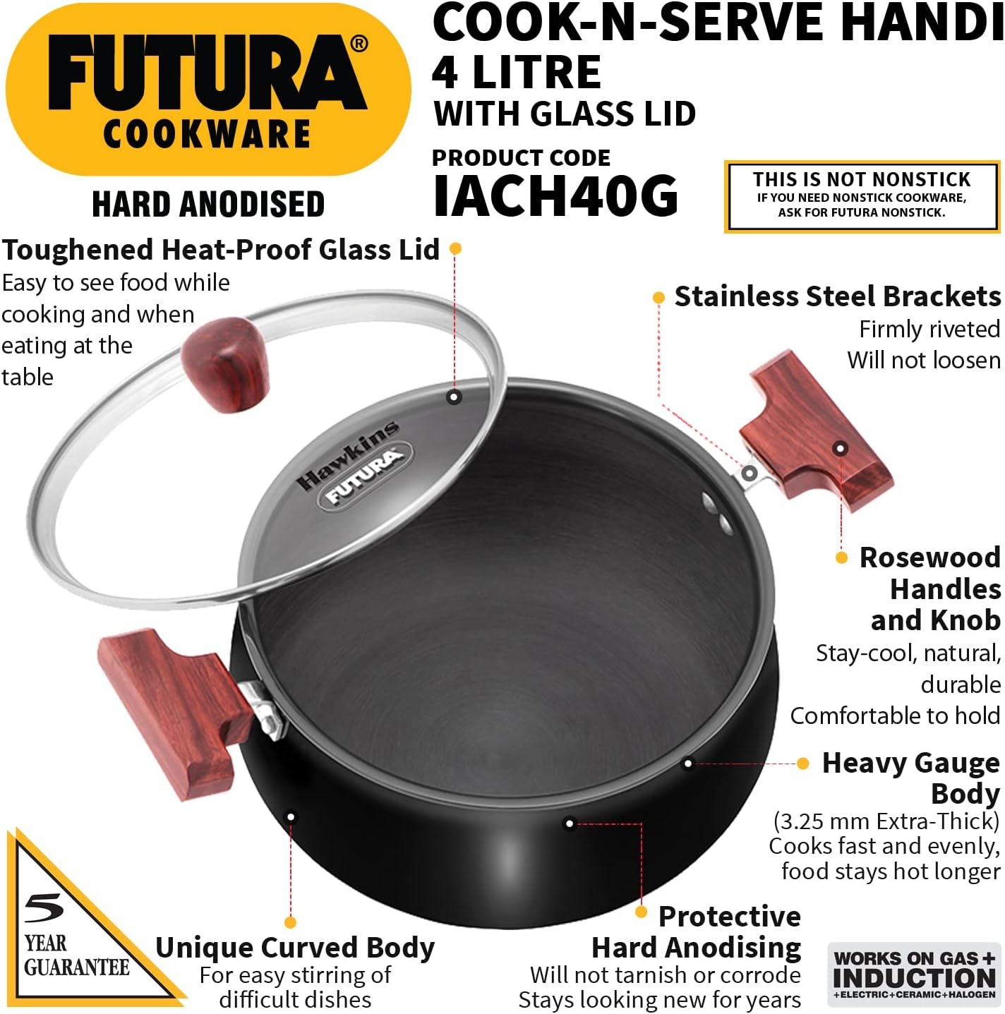 image:imageHawkins Futura 4 Litre NonStick Cook in Serve Handi Hard Anodised Biryani Handi with Glass Lid Induction Saucepan Sauce Pan Black Iach40G