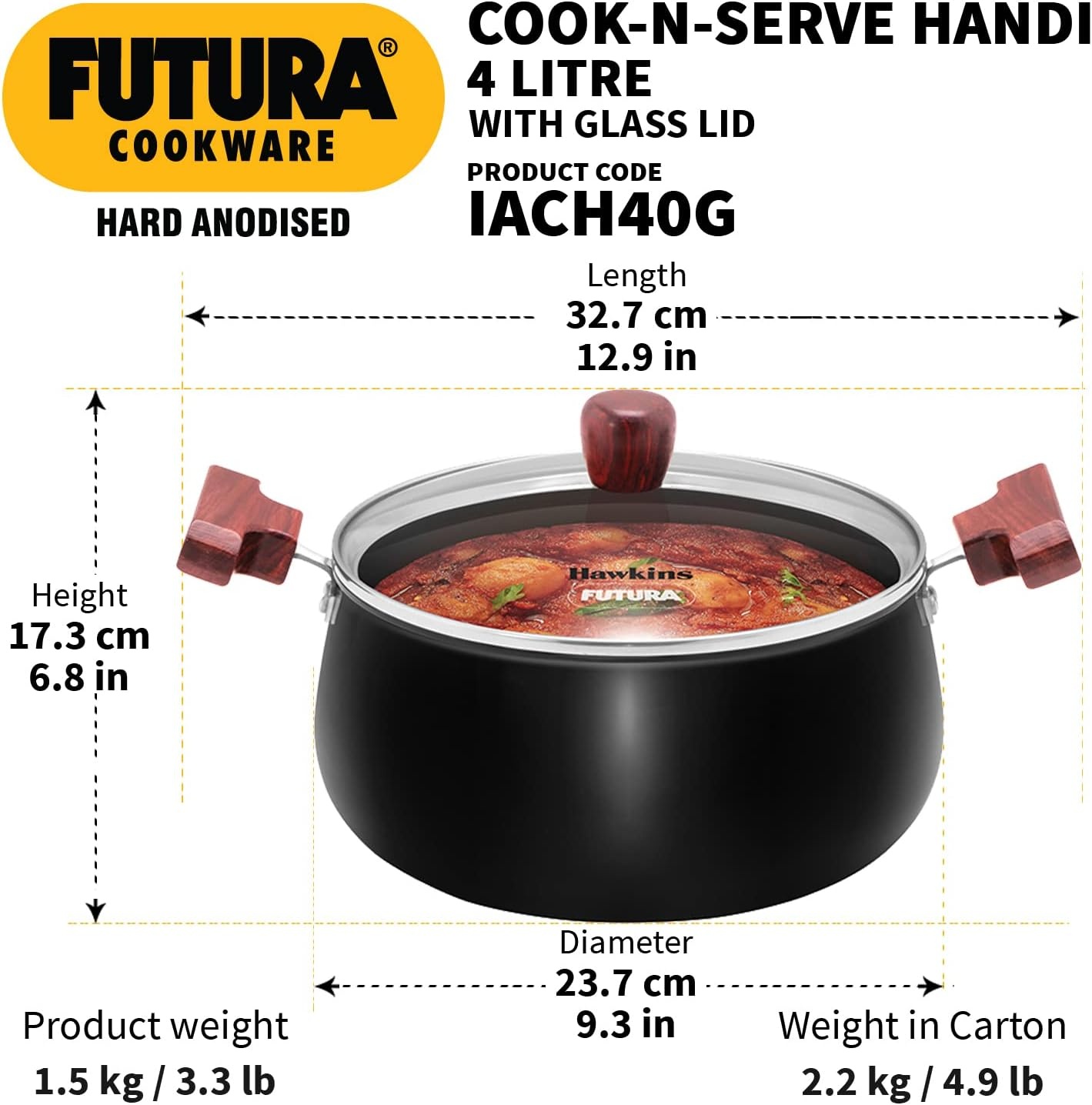 image:imageHawkins Futura 4 Litre NonStick Cook in Serve Handi Hard Anodised Biryani Handi with Glass Lid Induction Saucepan Sauce Pan Black Iach40G