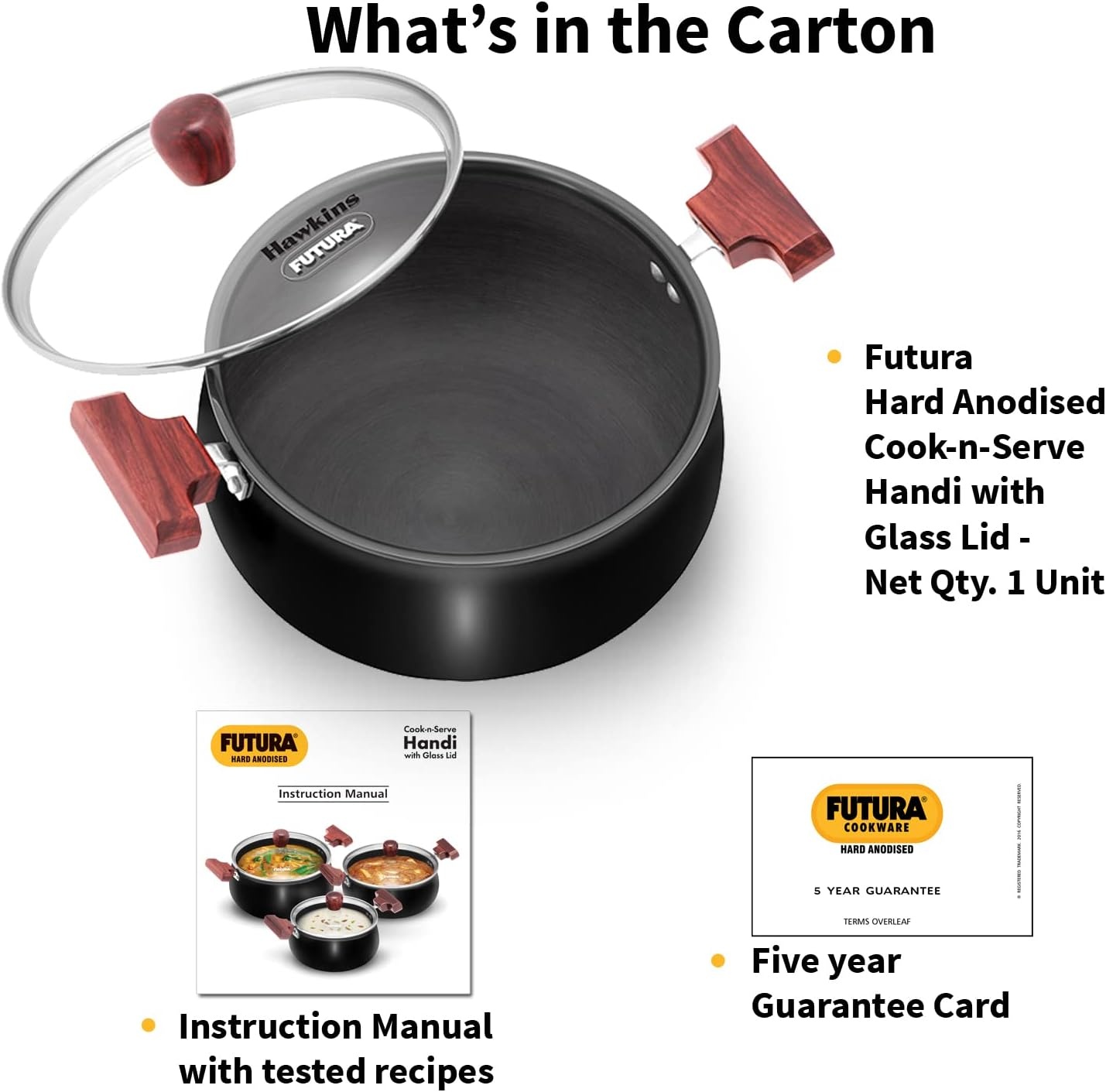 image:imageHawkins Futura 4 Litre NonStick Cook in Serve Handi Hard Anodised Biryani Handi with Glass Lid Induction Saucepan Sauce Pan Black Iach40G