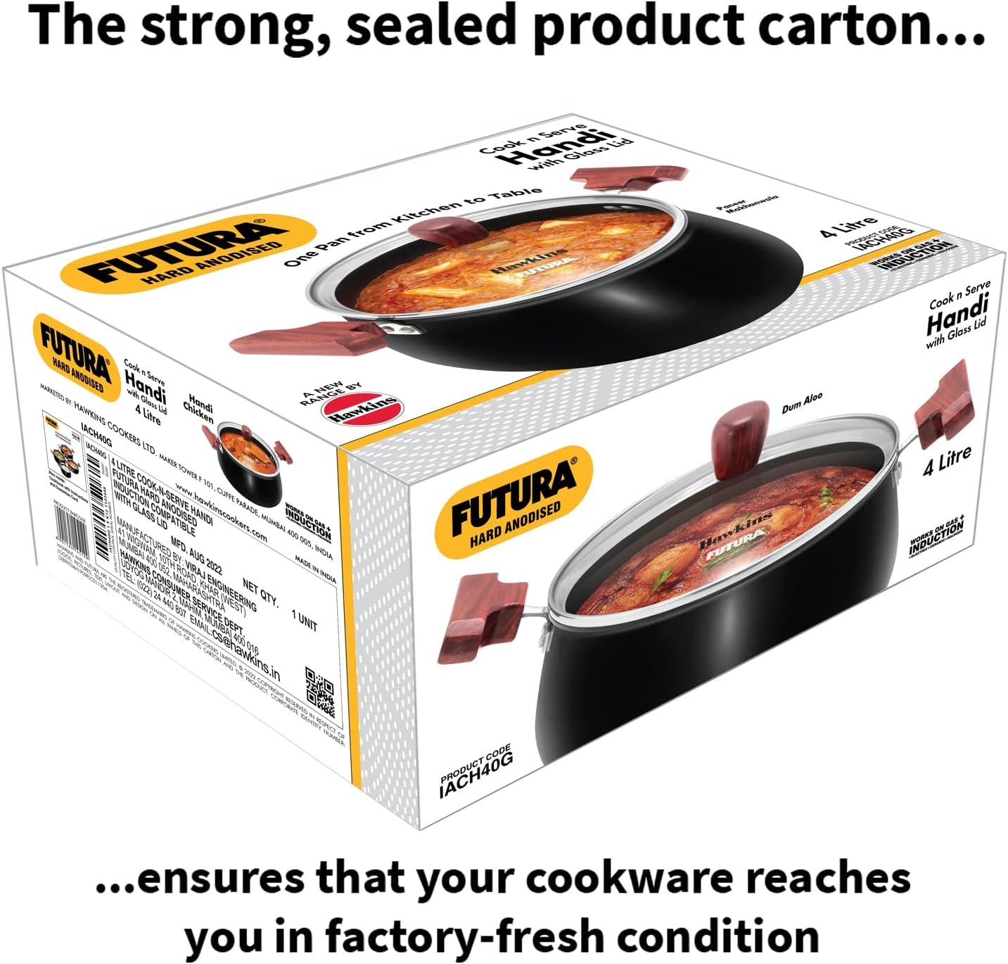 image:imageHawkins Futura 4 Litre NonStick Cook in Serve Handi Hard Anodised Biryani Handi with Glass Lid Induction Saucepan Sauce Pan Black Iach40G