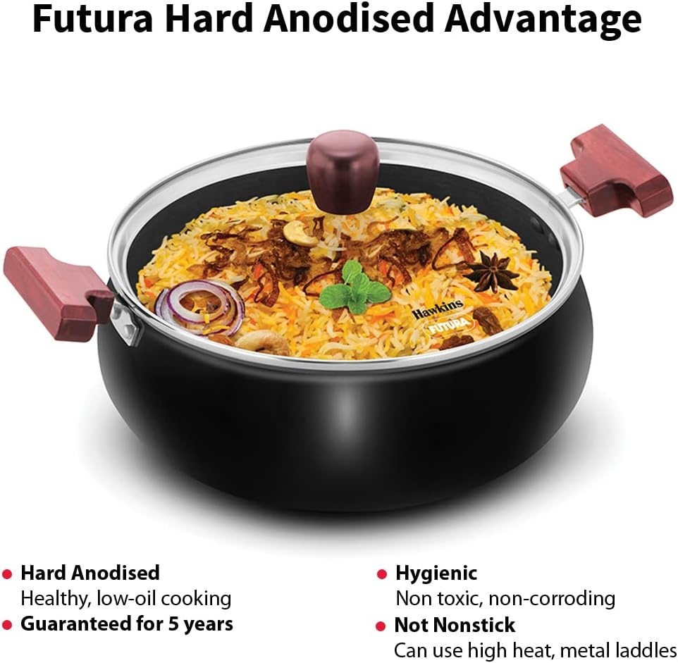 image:imageHawkins Futura 5 Litre Cook n Serve Handi Hard Anodised Biryani Handi with Glass Lid Saucepan Sauce Pan Black ACH50G Polished