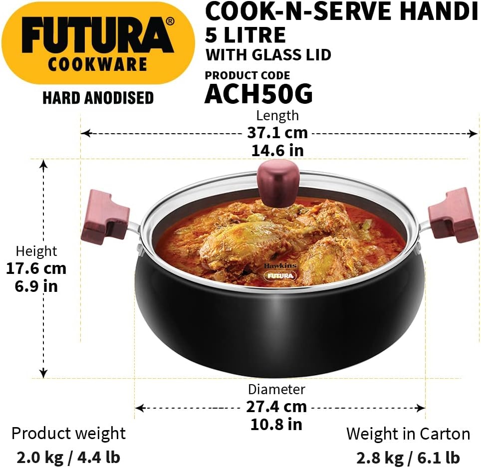 image:imageHawkins Futura 5 Litre Cook n Serve Handi Hard Anodised Biryani Handi with Glass Lid Saucepan Sauce Pan Black ACH50G Polished